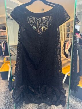 Guess Black Embroidered Floral Midi Dress with Rosette Hem